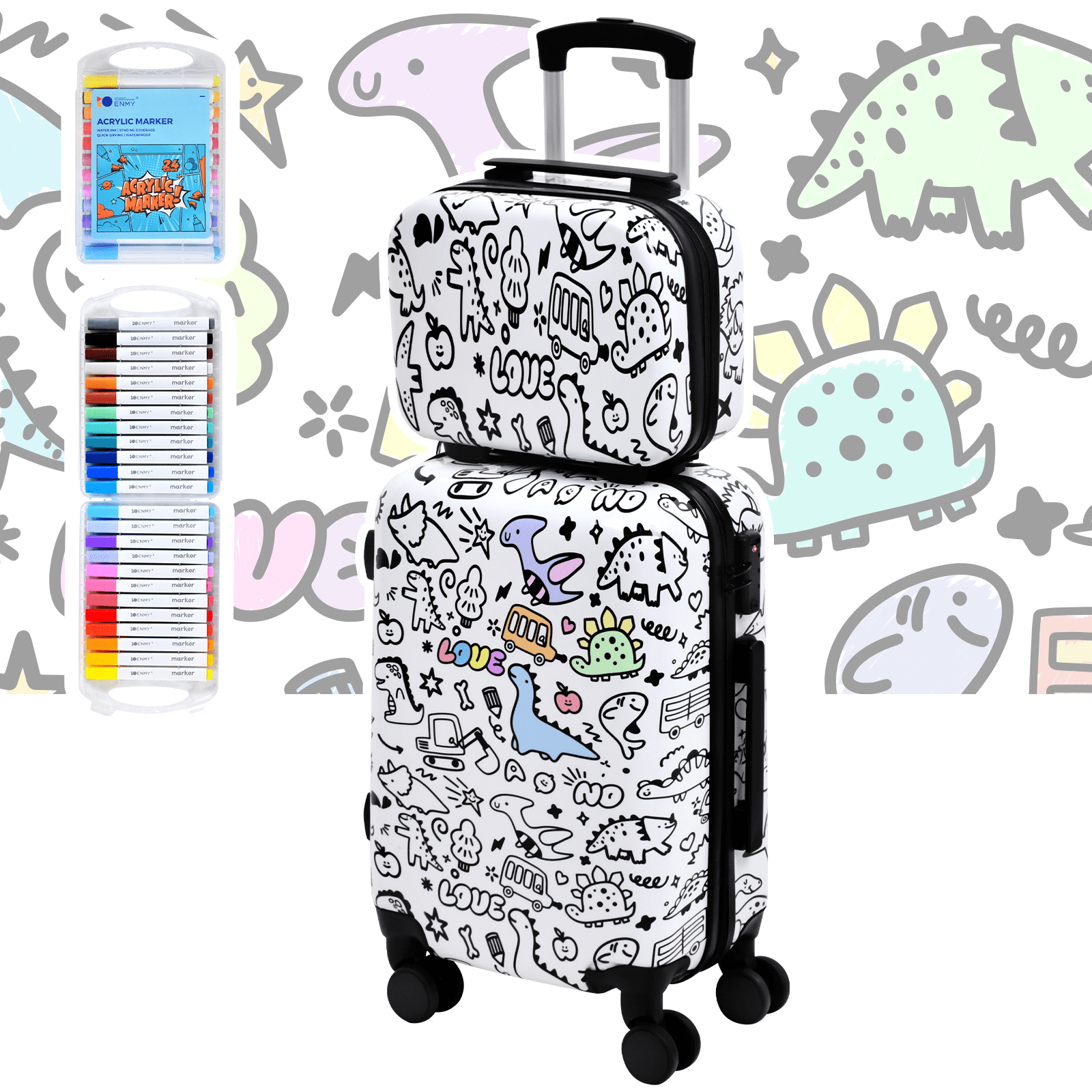 Advwin Kids Carry-On Luggage Set, 14" + 20" Set of 2 Travel Suitcase with DIY Coloring Design, TSA Lock & Spinner Wheels, Lightweight Hardshell Rolling Carry On Suitcase for Children