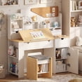 thumbnail image 1 of Advwin Kids Desk and Chair Set for 5-12 Years, Wooden Study Desk with Adjustable Tilt Desktop, Hutch, Drawer & Storage Cabinet, Student Writing Table for Bedroom or Homeschool, White+Wood, 1 of 10