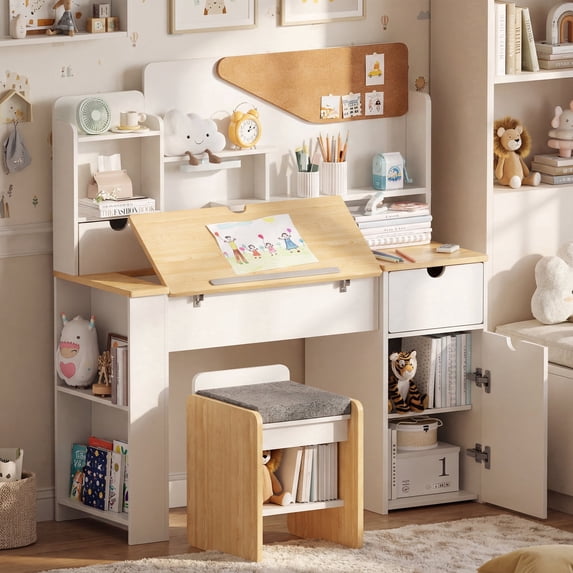 Advwin Kids Desk and Chair Set for 5-12 Years, Wooden Study Desk with Adjustable Tilt Desktop, Hutch, Drawer & Storage Cabinet, Student Writing Table for Bedroom or Homeschool, White+Wood