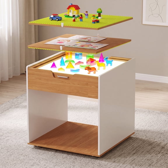 Advwin 4-in-1 Light Table for Kids with Reversible Building Block & Drawing Tabletop, Adjustable LED Light Box with Storage & 2-Height Settings, Sensory Activity Table for Preschool, Playroom