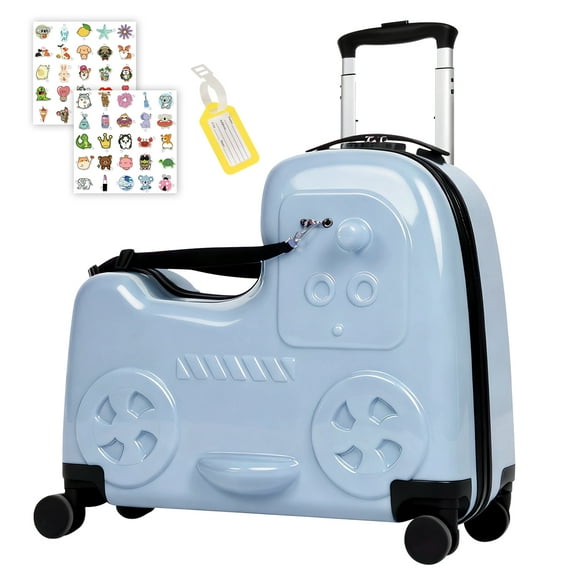 Advwin Kids Ride-On Luggage with Safety Belt, Hardside Spinner Suitcase for Children with Footrest & Stickers, Blue