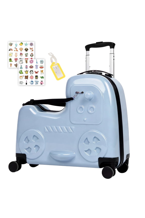 Kids Ride-On Luggage with Safety Belt, Hardside Spinner Suitcase for Children with Footrest & Stickers, Blue