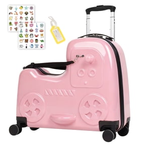 Advwin Kids Ride-On Luggage with Safety Belt, Hardside Spinner Suitcase for Children with Footrest & Stickers, Pink