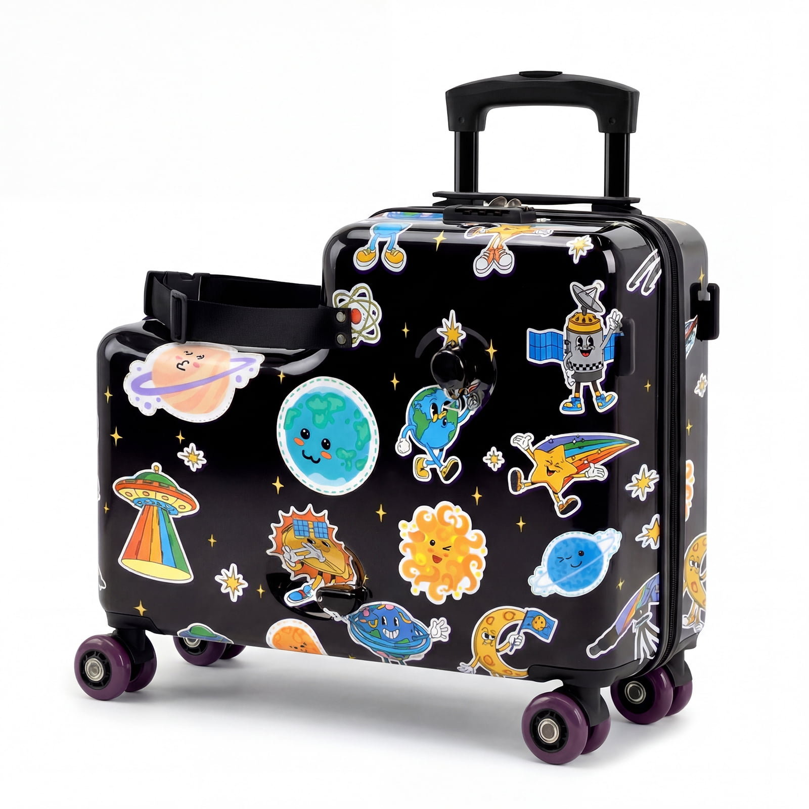 Advwin Kids Ride-On Luggage with Safety Belt, TSA Lock & Footrest, Hardside Spinner Travel Suitcase for Children, Black Space Theme