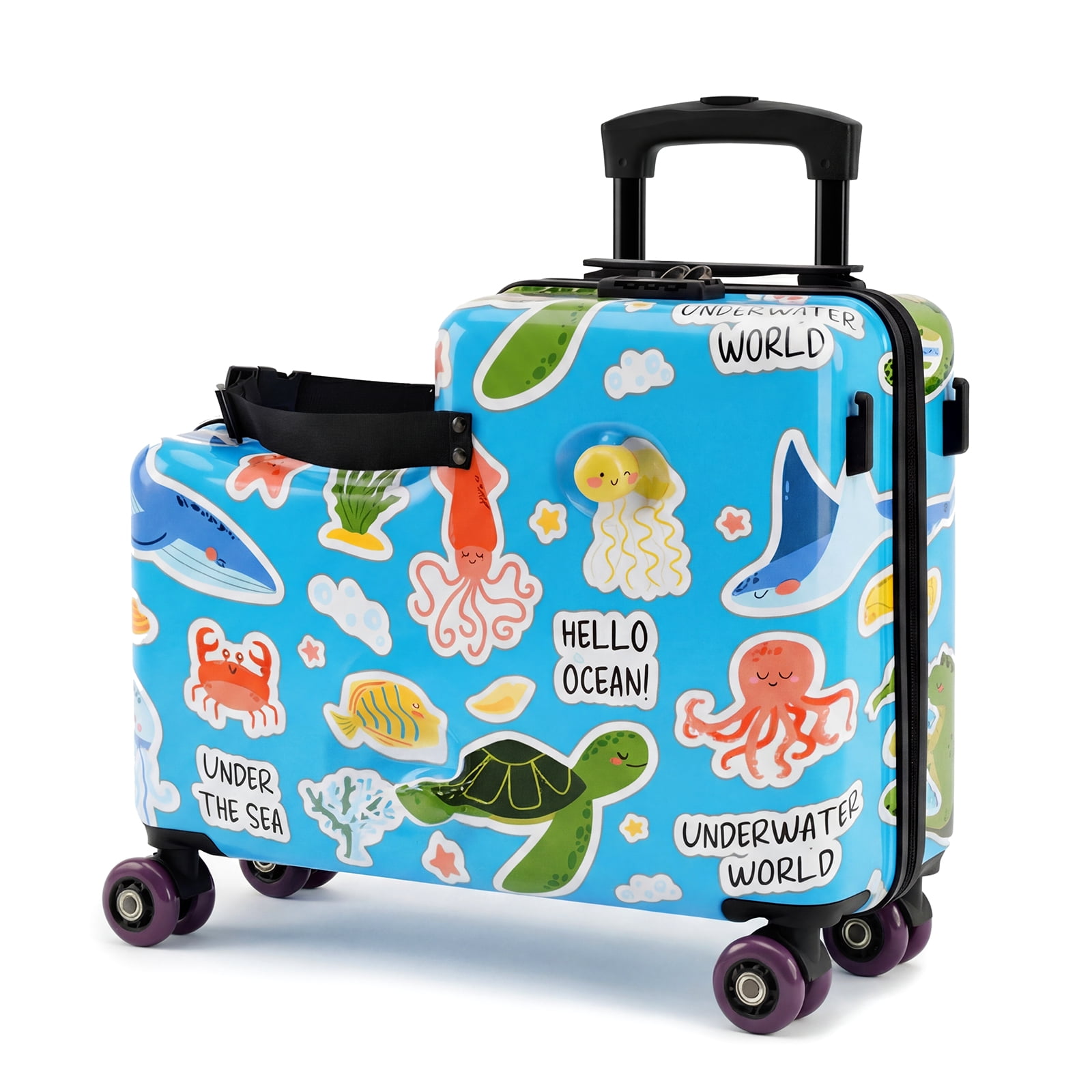 Advwin Kids Ride-On Luggage with Safety Belt, TSA Lock & Footrest, Hardside Spinner Travel Suitcase for Children, Blue Ocean Theme