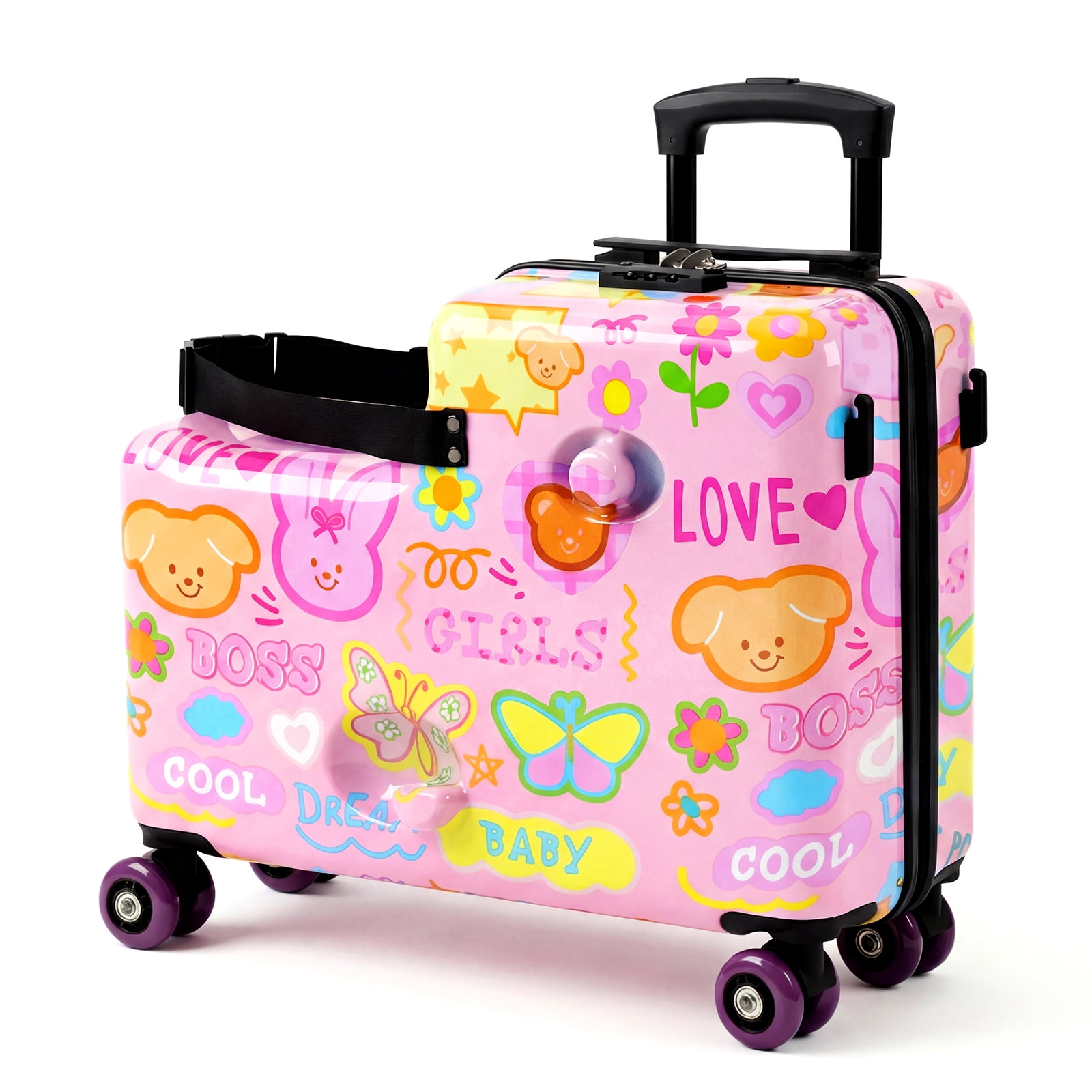 Advwin Kids Ride-On Luggage with Safety Belt, TSA Lock & Footrest, Hardside Spinner Travel Suitcase for Children, Pink Garden Theme