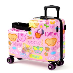 Advwin Kids Ride-On Luggage with Safety Belt, TSA Lock & Footrest, Hardside Spinner Travel Suitcase for Children, Pink Garden Theme