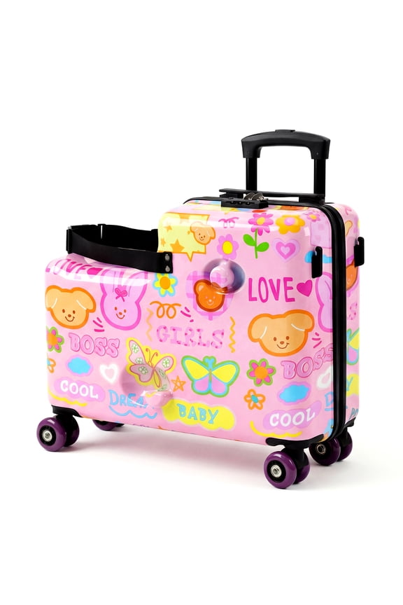 Kids Ride-On Luggage with Safety Belt, TSA Lock & Footrest, Hardside Spinner Travel Suitcase for Children, Pink Garden Theme