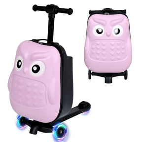 Advwin Kids Scooter Luggage, 4-in-1 Detachable Foldable Ride On Suitcase with LED Wheels, 3D Owl Shape Hardside Travel Luggage, Convertible Backpack Luggage