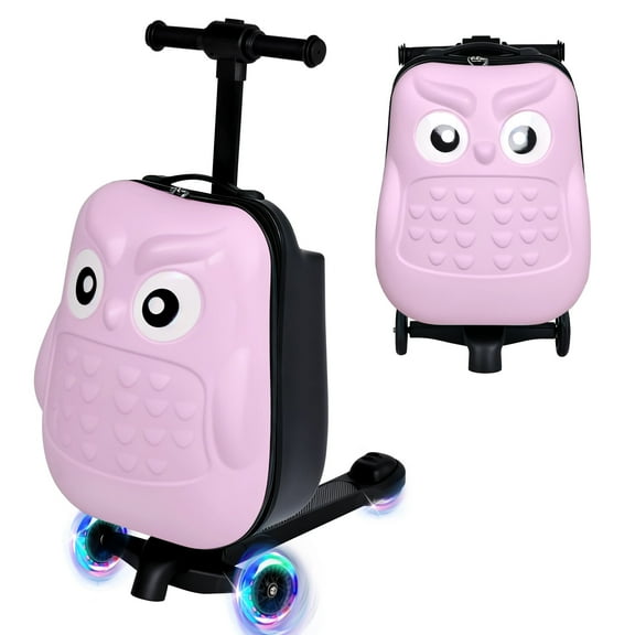 Advwin Kids Scooter Luggage, 4-in-1 Detachable Foldable Ride On Suitcase with LED Wheels, 3D Owl Shape Hardside Travel Luggage, Convertible Backpack Luggage