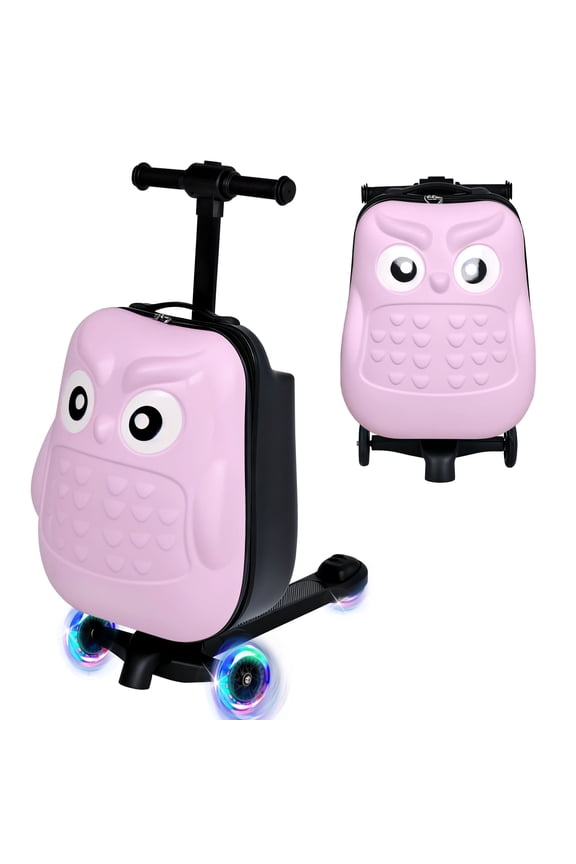 Kids Scooter Luggage, 4-in-1 Detachable Foldable Ride On Suitcase with LED Wheels, 3D Owl Shape Hardside Travel Luggage, Convertible Backpack Luggage
