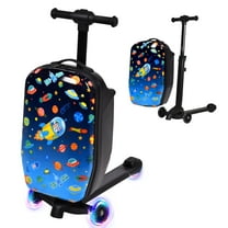 Advwin Kids Scooter Luggage with LED Wheels, 4-in-1 Detachable Foldable Ride-On Suitcase, Space-Themed Hardside Carry-On Travel Luggage, Convertible Backpack, Blue