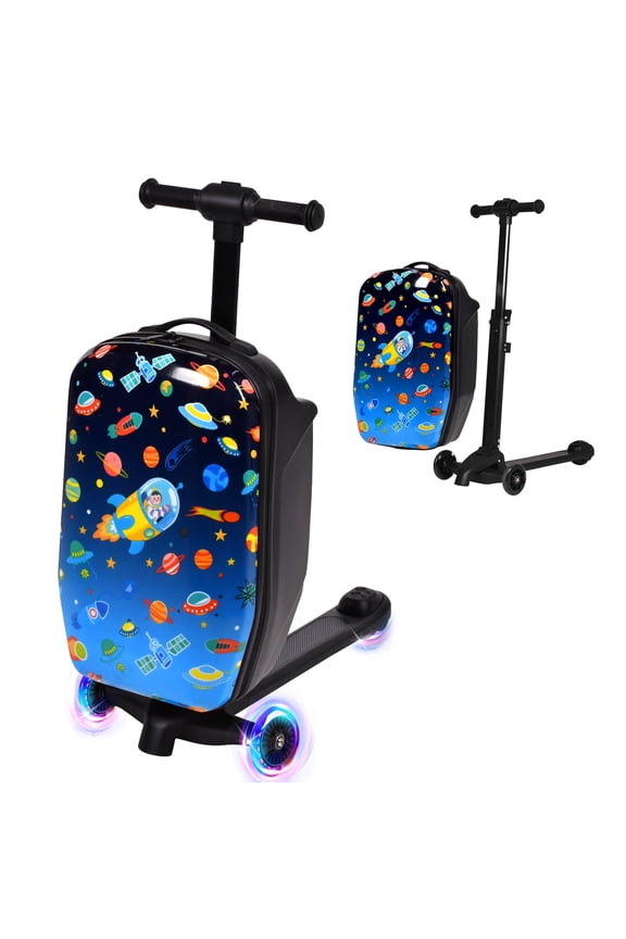 Kids Scooter Luggage with LED Wheels, 4-in-1 Detachable Foldable Ride-On Suitcase, Space-Themed Hardside Carry-On Travel Luggage, Convertible Backpack, Blue