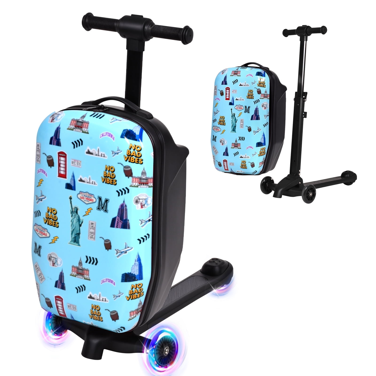 Advwin Kids Scooter Luggage with LED Wheels, 4-in-1 Detachable Foldable Ride-On Suitcase, Travel Landmark Design Hardside Carry-On Travel Luggage, Convertible Backpack, Blue