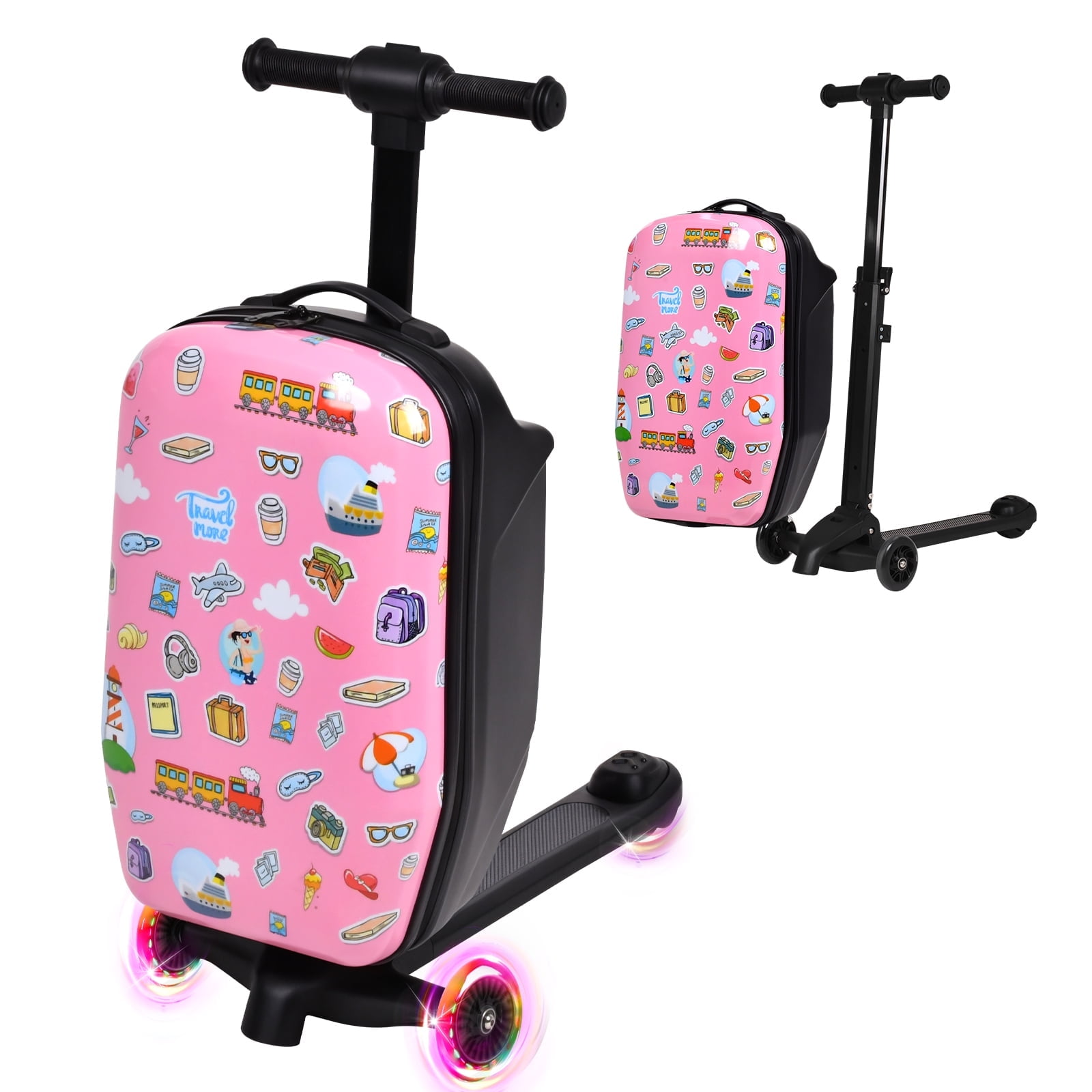 Advwin Kids Scooter Luggage with LED Wheels, 4-in-1 Detachable Foldable Ride-On Suitcase, Travel Sticker Design Hardside Carry-On Travel Luggage, Convertible Backpack, Pink