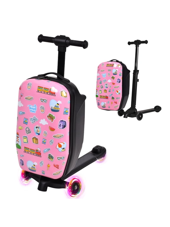 Kids Scooter Luggage with LED Wheels, 4-in-1 Detachable Foldable Ride-On Suitcase, Travel Sticker Design Hardside Carry-On Travel Luggage, Convertible Backpack, Pink