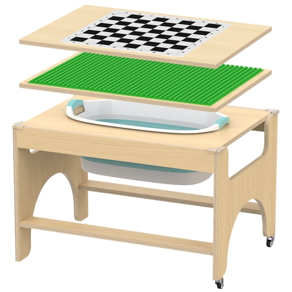 Advwin Kids Sensory Activity Table with Foldable Silicone Sand & Water Tub, 5-in-1 Wooden Activity Table with Building Block & Checkerboard Top for Playroom, Classroom & Daycare