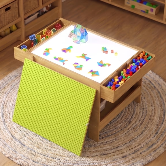 Advwin 5-in-1 Light Table for Kids with Reversible Building Block Tabletop, 3-Color LED Light Box & Storage, Sensory Activity Table for Preschool, Playroom & Classroom, Wood