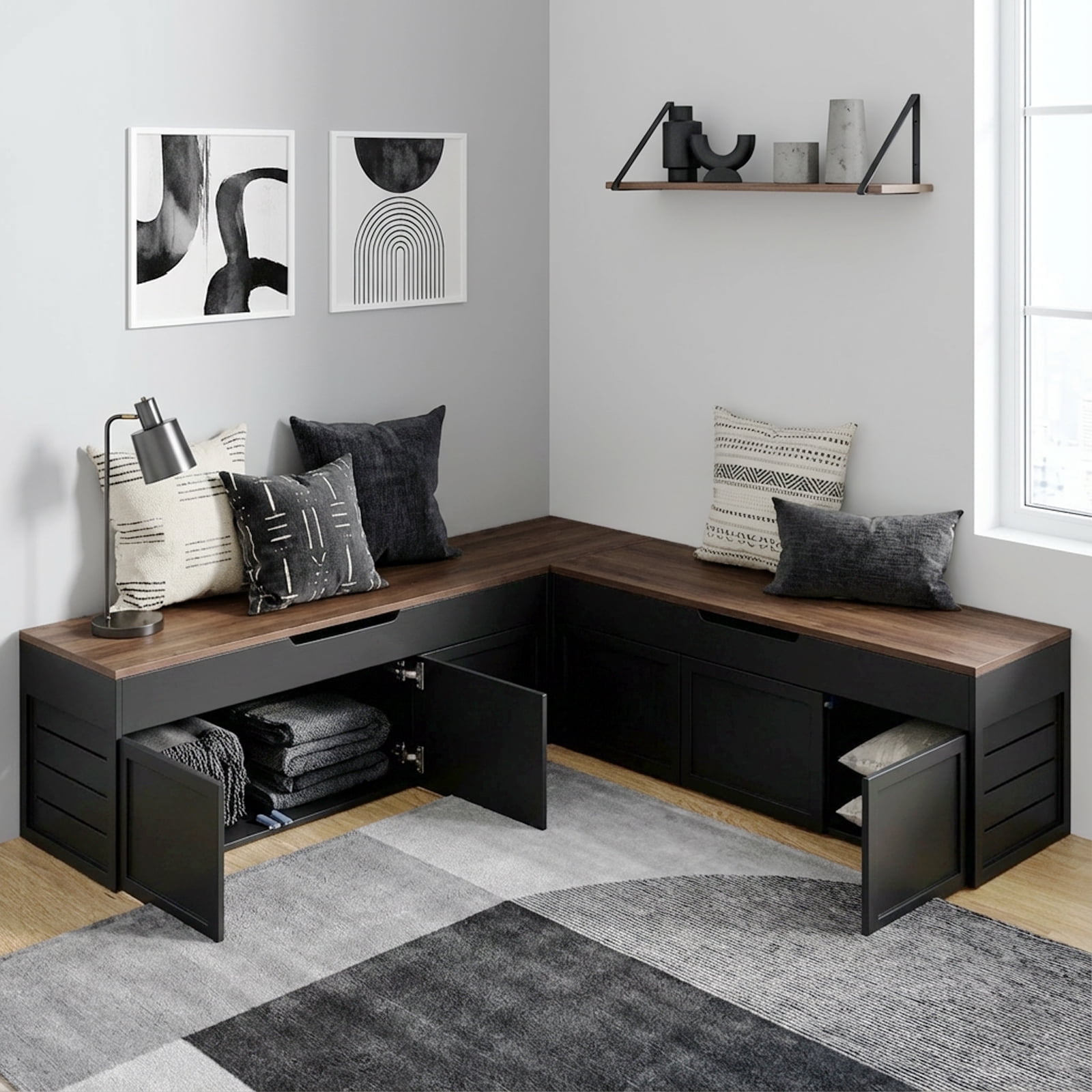 L-Shaped Corner Storage Bench With Cushion - Backless Kitchen Nook Bench, Hidden Compartments, Black