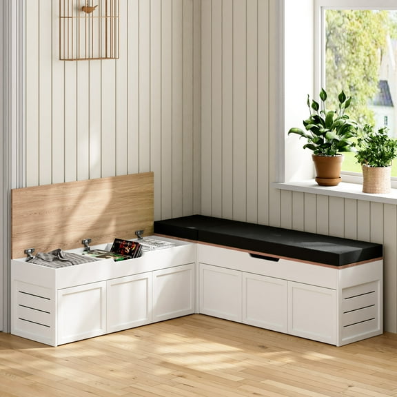 Advwin L-Shaped Corner Storage Bench with Cushion, Backless Wood Bench with Hidden Storage for Kitchen, Dining Nook, Entryway & Mudroom, Black