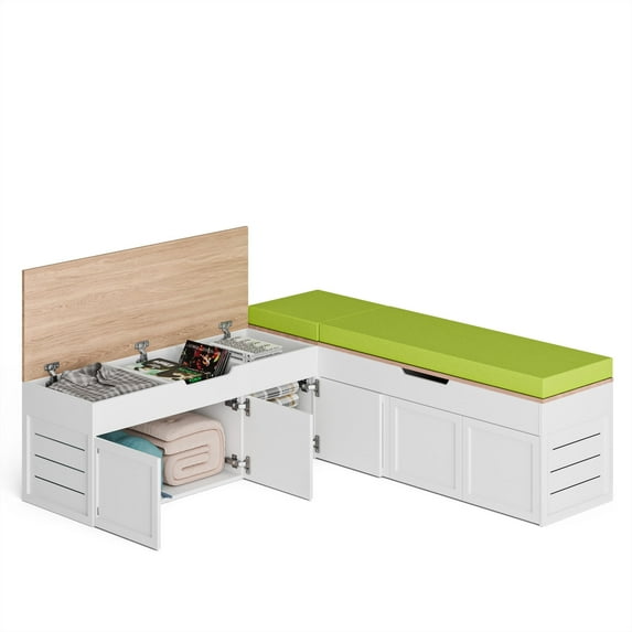 Advwin L-Shaped Corner Storage Bench with Cushion, Backless Wood Bench with Hidden Storage for Kitchen, Dining Nook, Entryway & Mudroom, Green