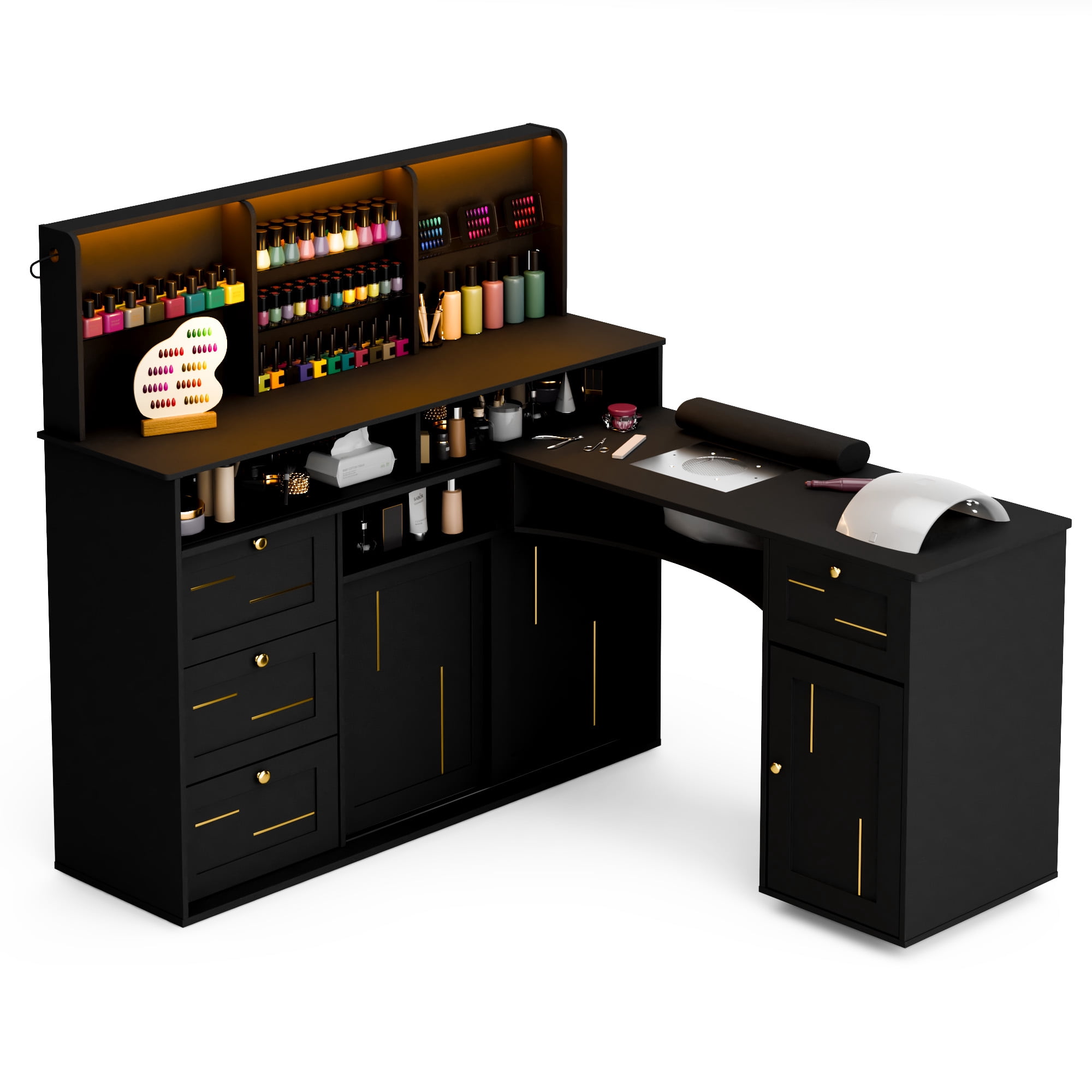 Advwin L-Shaped Manicure Table with Dust Collector, Mobile Desktop & LED Light, Nail Tech Desk with Glass Display Rack, Storage Cabinets & Drawers for Home Spa Beauty Salon Nail Station, Black