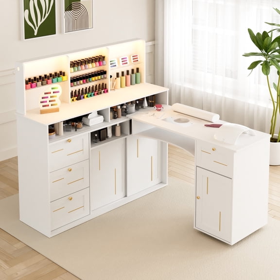 Advwin L-Shaped Manicure Table with Dust Collector, Mobile Desktop & LED Light, Nail Tech Desk with Glass Display Rack, Storage Cabinets & Drawers for Home Spa Beauty Salon Nail Station, White