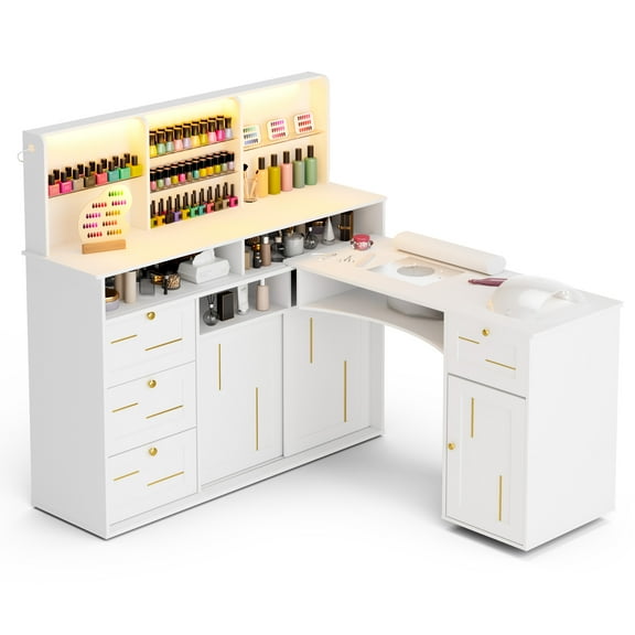 Advwin L-Shaped Manicure Table with Dust Collector, Mobile Desktop & LED Light, Nail Tech Desk with Glass Display Rack, Storage Cabinets & Drawers for Home Spa Beauty Salon Nail Station, White