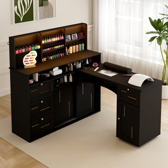 Advwin L-Shaped Manicure Table with Dust Collector, Mobile Desktop & LED Light, Nail Tech Desk with Glass Display Rack, Storage Cabinets & Drawers for Home Spa Beauty Salon Nail Station, Black