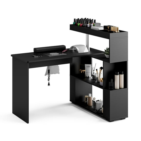 Advwin L-Shaped Manicure Table with Dust Collector, Reversible Nail Tech Desk with Storage Shelves, Rotating Beauty Station for Salon & Home, Professional Nail Table, Black
