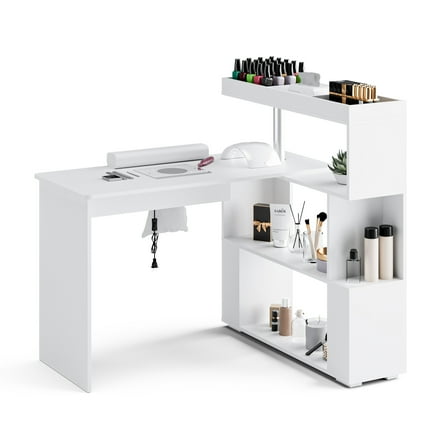 Advwin L-Shaped Manicure Table with Dust Collector, Reversible Nail Tech Desk with Storage Shelves, Rotating Beauty Station for Salon & Home, Professional Nail Table, White