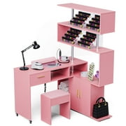 Advwin L-Shaped Rotating Manicure Table Nail Desk with Stool & Electric Downdraft Vent, Pink