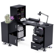 Advwin L-Shaped Manicure Table with Wrist Cushion, Dust Collector, Storage Drawers Cabinets & Shelves, Salon Corner Nail Desk for Nail Tech, Black