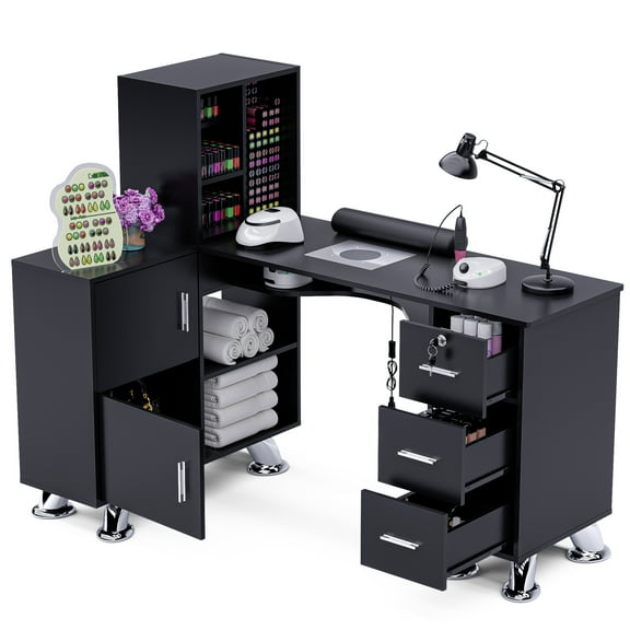 Advwin L-Shaped Manicure Table with Wrist Cushion, Dust Collector, Storage Drawers Cabinets & Shelves, Salon Corner Nail Desk for Nail Tech, Black