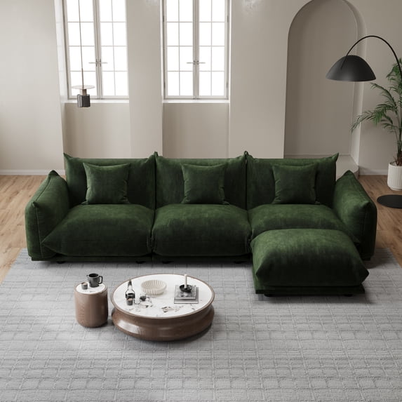 Advwin L-Shaped Modular Sectional Sofa with Ottoman, Modern 3-Seater Oversized Cloud Couch with Thick Cushions for Living Room, Bedroom, Apartment, Small Spaces, Green