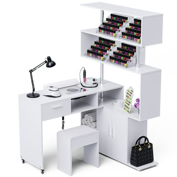 Advwin L-Shaped Rotating Manicure Table Nail Desk with Stool & Electric Downdraft Vent, White