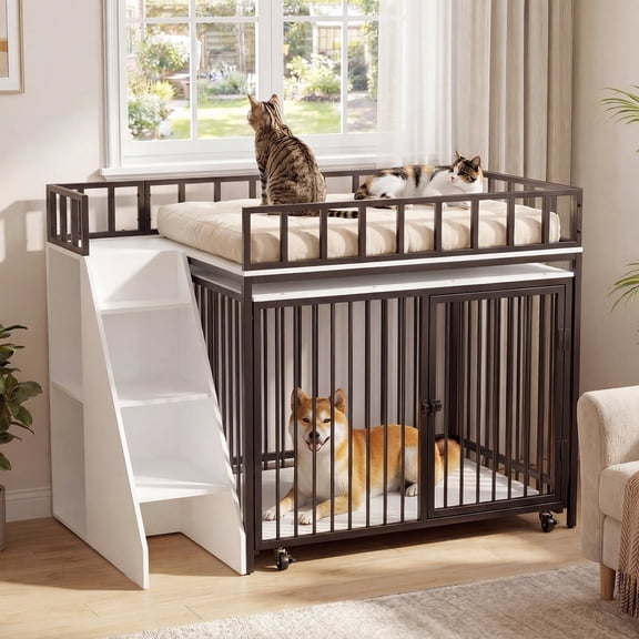 Advwin Loft Style Dog Crate Furniture with Stairs & Storage Shelves, Heavy Duty Wooden Indoor Dog Kennel with Wheels, Lockable Door, Detachable Pet Bunk Bed with Guardrails, Black+White