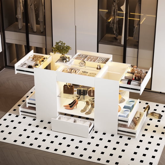 Advwin Luxury Closet Island with Glass Top and LED, 10-Drawer Wardrobe Storage Cabinet for Walk-in Closet and Dressing Room, White