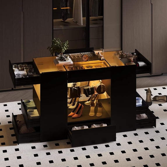 Advwin Luxury Closet Island with Glass Top and LED, 10-Drawer Wardrobe Storage Cabinet for Walk-in Closet and Dressing Room, Black