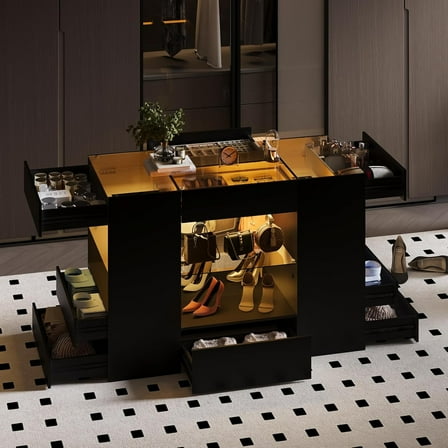 Advwin Luxury Closet Island with Glass Top and LED, Luxury 10-Drawer Wardrobe Storage Cabinet for Walk-in Closet and Dressing Room, Black