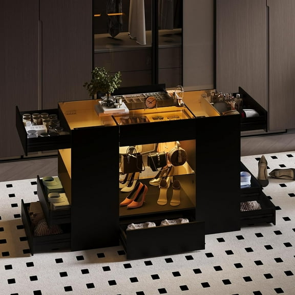 Advwin Luxury Closet Island with Glass Top and LED, Luxury 10-Drawer Wardrobe Storage Cabinet for Walk-in Closet and Dressing Room, Black