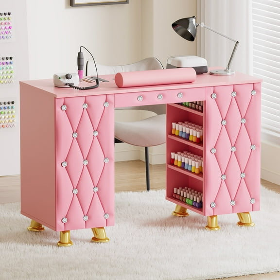 Advwin Luxury Padded Manicure Table with Built-in Dust Collector, Acetone Resistant Nail Salon Workstation with Storage Drawers & Wrist Rest, Pink