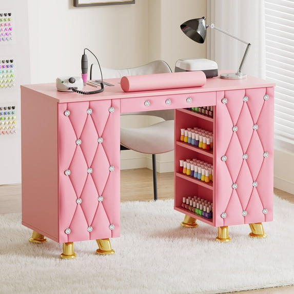 Advwin Luxury Padded Manicure Table with Built-in Dust Collector, Acetone Resistant Nail Salon Workstation with Storage Drawers & Wrist Rest, Pink