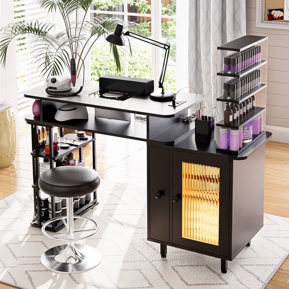 Advwin Manicure Table with LED Light, Dust Collector, Detachable Storage Rack, Charging Station & Wrist Rest, Beauty Salon Nail Desk Workstation, Black