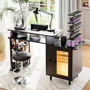 Advwin Manicure Table with LED Light, Dust Collector, Detachable Storage Rack, Charging Station & Wrist Rest, Beauty Salon Nail Desk Workstation, Black