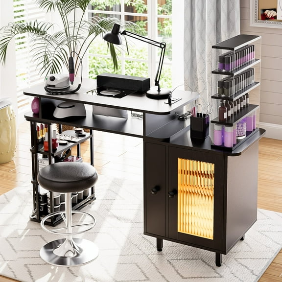 Advwin Manicure Table with LED Light, Dust Collector, Detachable Storage Rack, Charging Station & Wrist Rest, Beauty Salon Nail Desk Workstation, Black