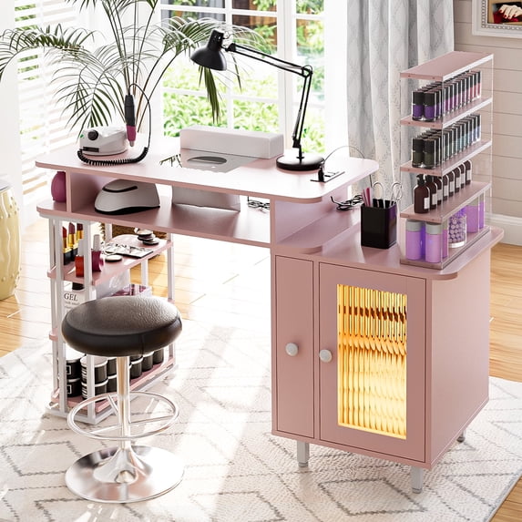 Advwin Manicure Table with LED Light, Dust Collector, Detachable Storage Rack, Charging Station & Wrist Rest, Beauty Salon Nail Desk Workstation, Pink