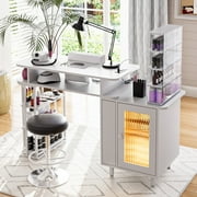 Advwin Manicure Table with LED Light, Dust Collector, Detachable Storage Rack, Charging Station & Wrist Rest, Beauty Salon Nail Desk Workstation, White