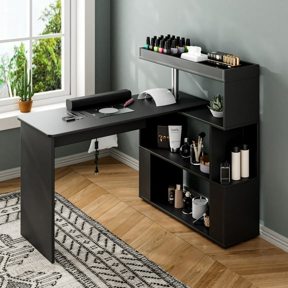 Advwin Manicure Table Nail Desk with Dust Collector, L-Shaped Nail Tech Desk with Storage Shelf, Rotating Reversible Beauty Nail Salon Station for Salon & Home Use, Black