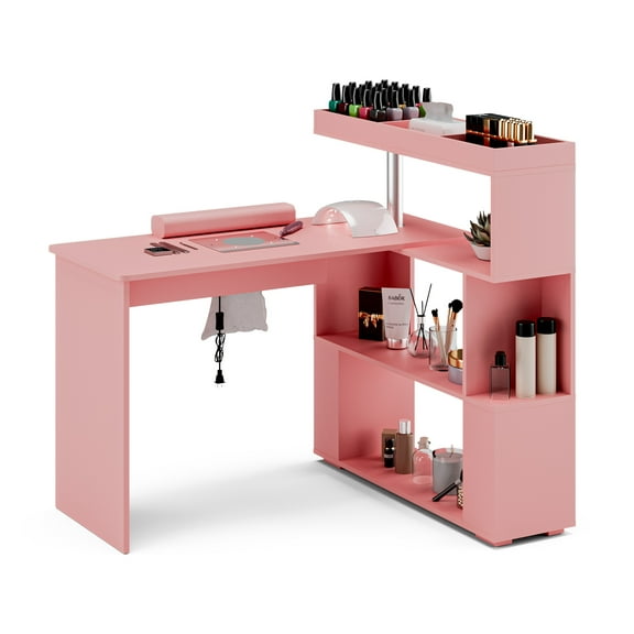 Advwin Manicure Table Nail Desk with Dust Collector, L-Shaped Nail Tech Desk with Storage Shelf, Rotating Reversible Beauty Nail Salon Station for Salon & Home Use, Pink